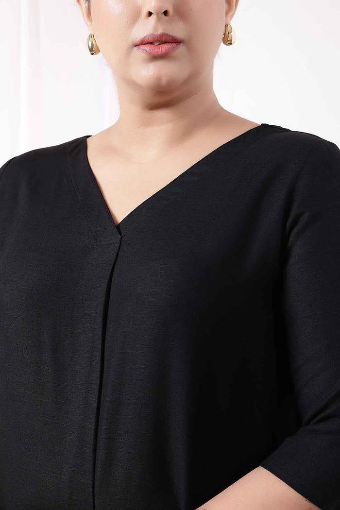 Plus Size Black V-Neck Cotton Linen Top