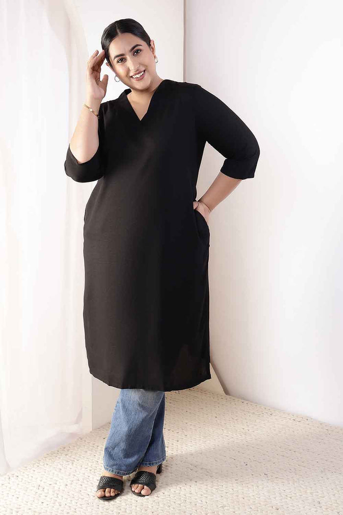 Plus Size Black V-Neck Cotton Linen V Neck Kurta