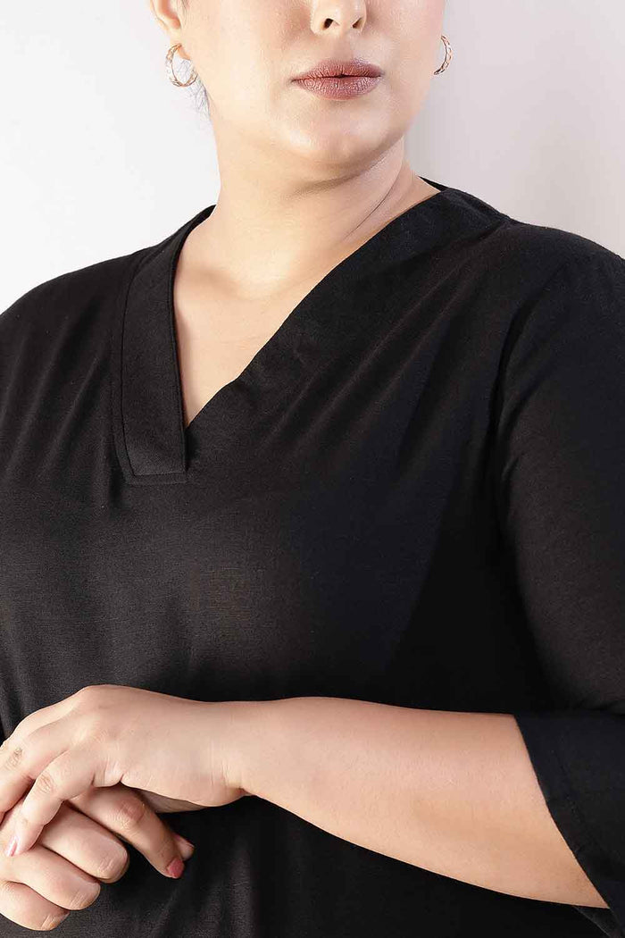 Plus Size Black V-Neck Cotton Linen V Neck Kurta