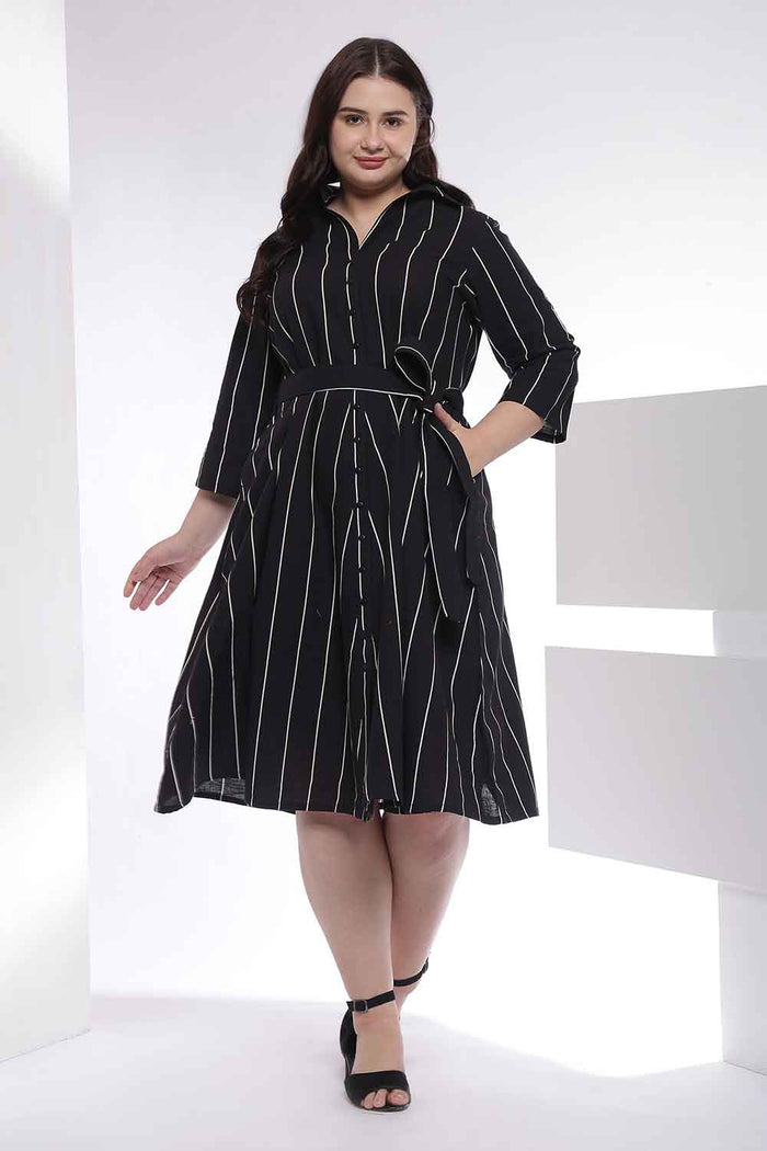 Plus Size Black Vertical Stripe Cotton Shirt Dress