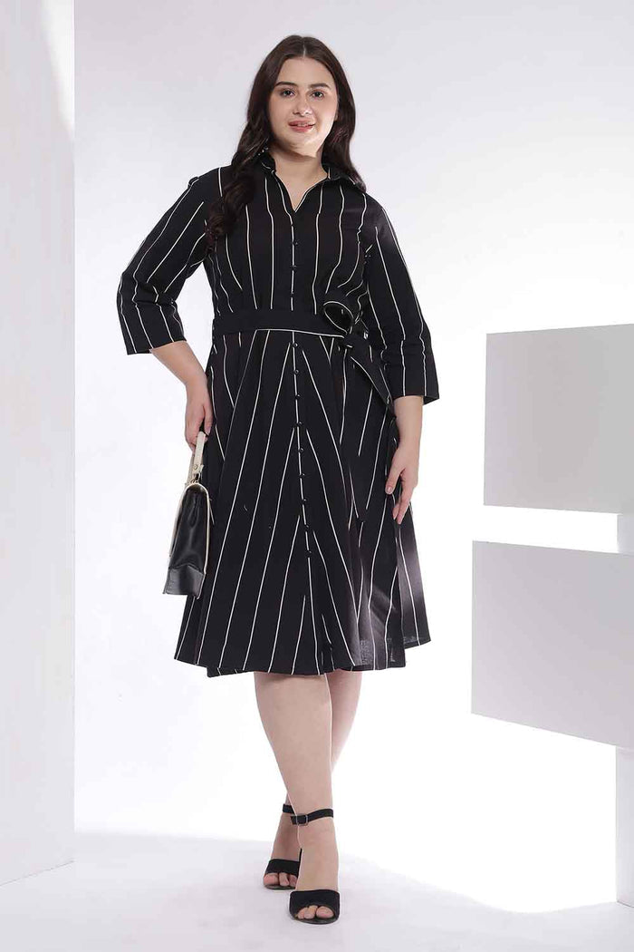 Plus Size Black Vertical Stripe Cotton Shirt Dress