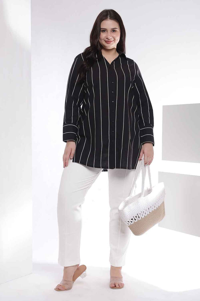 Plus Size Black Vertical Stripe High Slit Styled Cuff Cotton Shirt