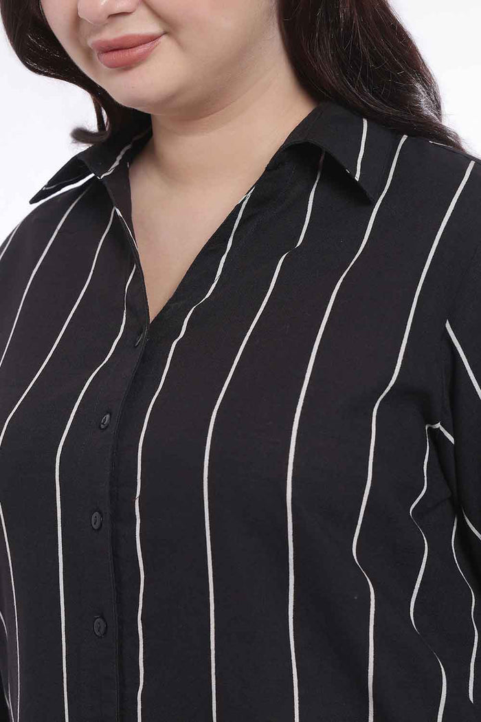 Plus Size Black Vertical Stripe High Slit Styled Cuff Cotton Shirt