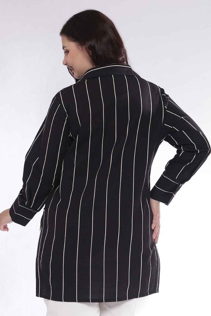 Plus Size Black Vertical Stripe High Slit Styled Cuff Cotton Shirt
