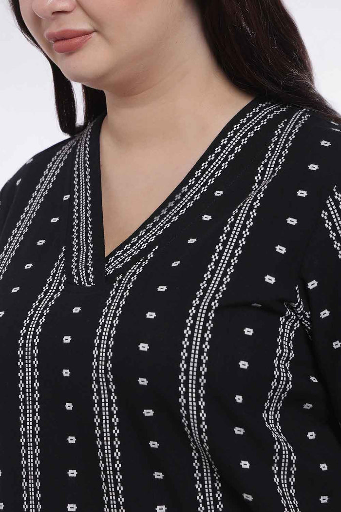 Plus Size Black Weave Work Cotton V Neck Kurta