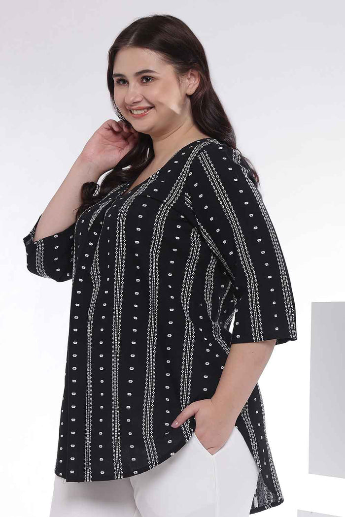 Plus Size Black Weave Work V Neck Top