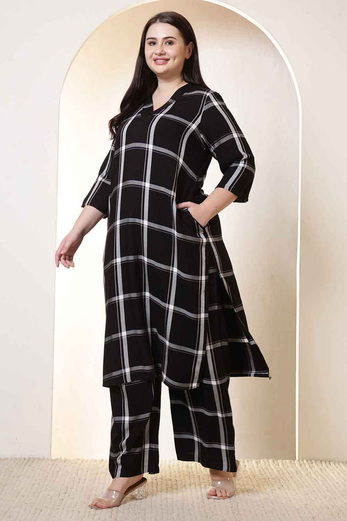 Plus Size Black & White Checkered Rayon Twill Kurta Coord Set