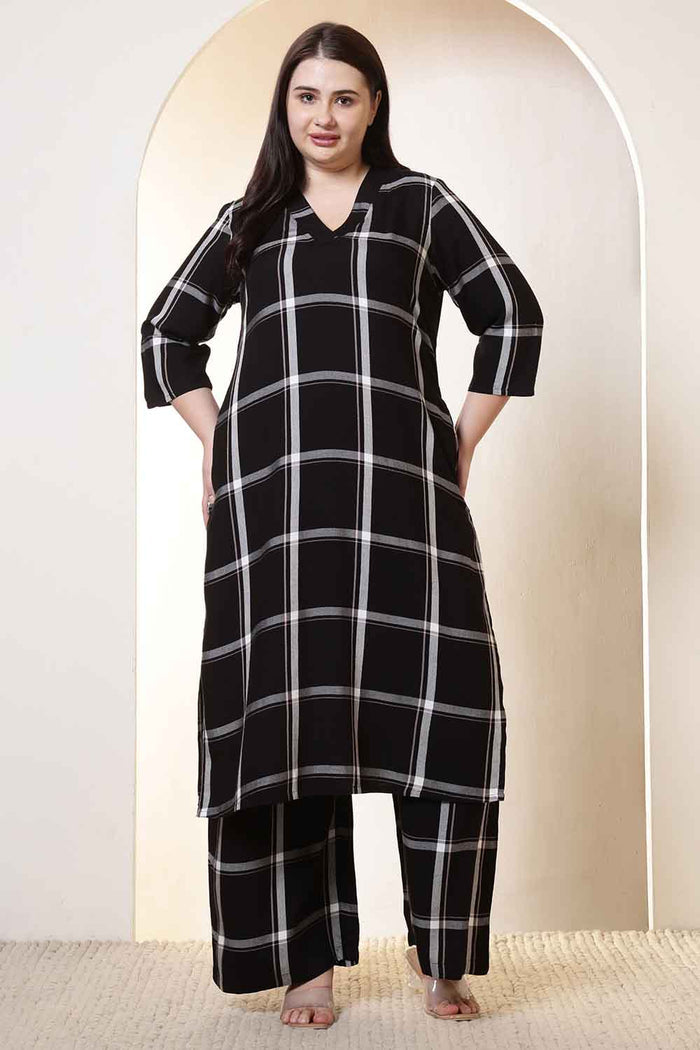 Plus Size Black & White Checkered Rayon Twill Kurta Coord Set