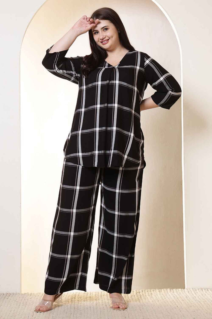 Plus Size Black & White Checkered Rayon Twill Shirt Coord Set