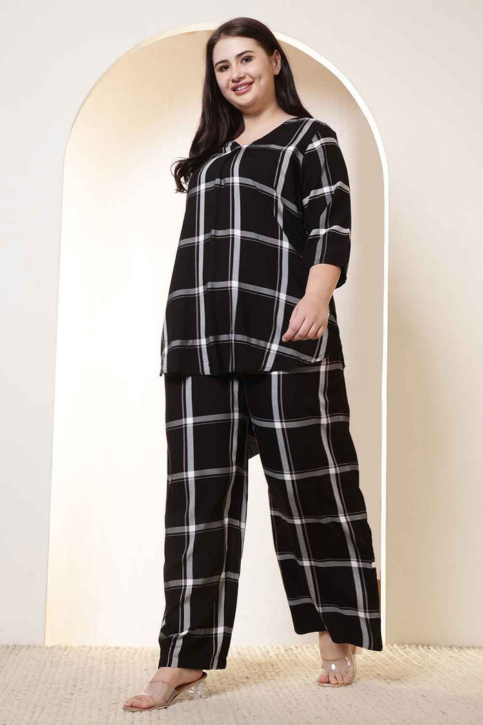 Plus Size Black & White Checkered Rayon Twill Shirt Coord Set