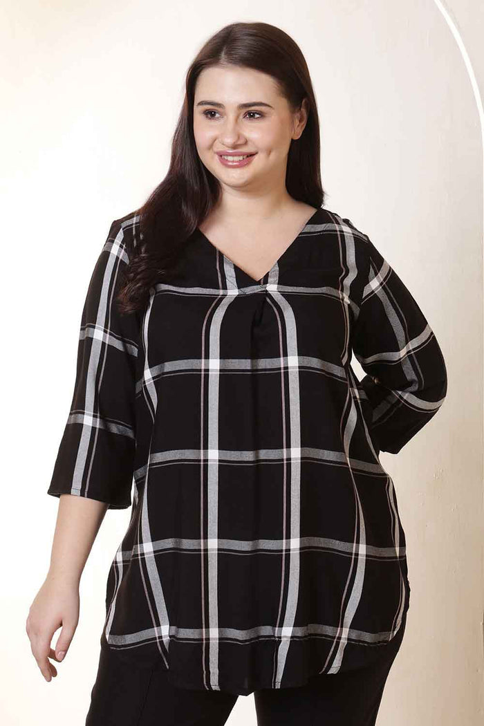 Plus Size Black & White Checkered V-Neck Rayon Twill Top