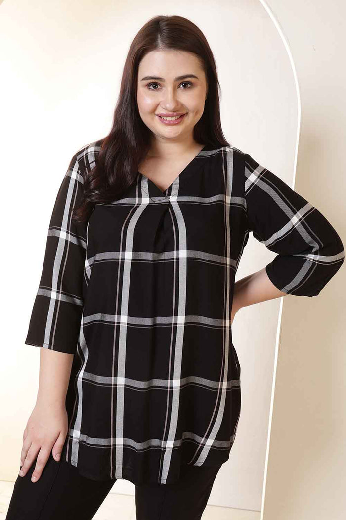Plus Size Black & White Checkered V-Neck Rayon Twill Top