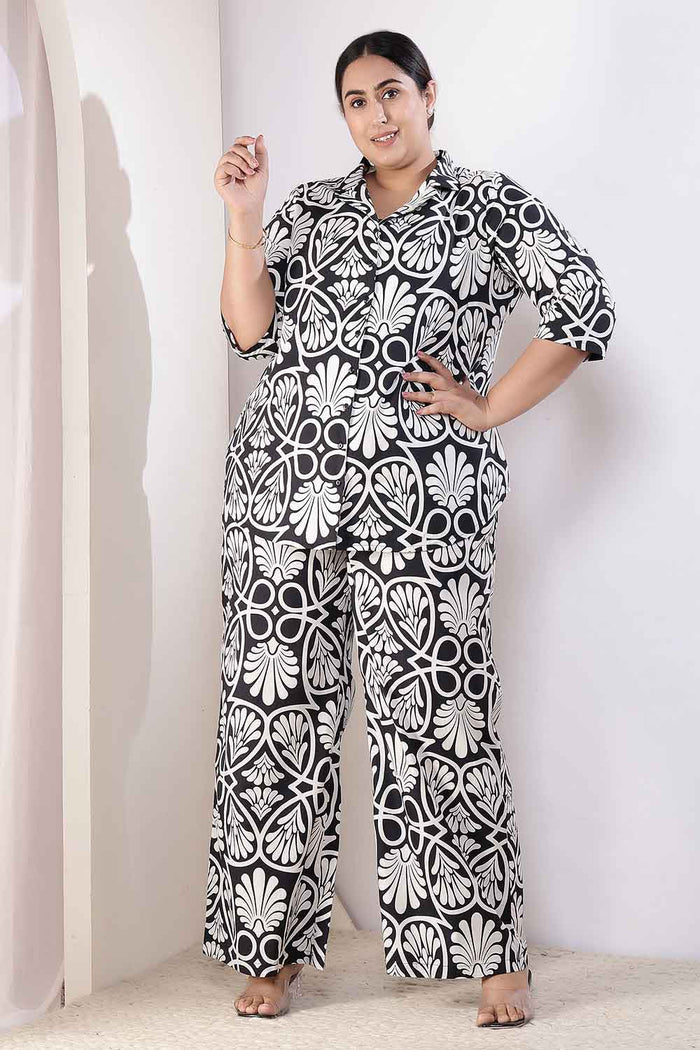 Plus Size Black & White Floral Print Cotton Shirt Coord Set