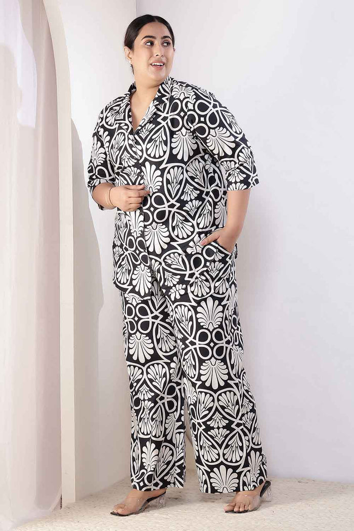Plus Size Black & White Floral Print Cotton Shirt Coord Set