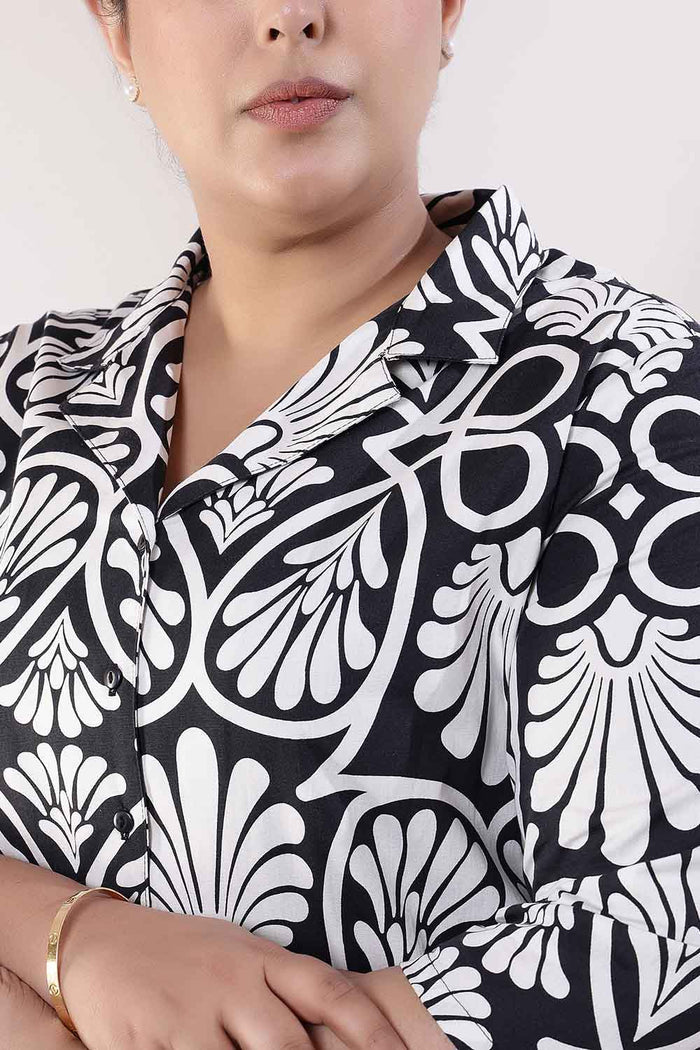 Plus Size Black & White Floral Print Cotton Shirt Coord Set