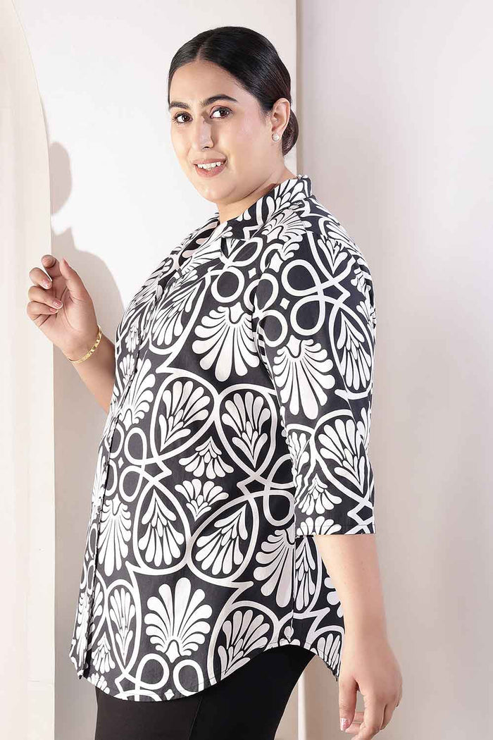 Plus Size Black & White Floral Print Cuban Collar Cotton Shirt