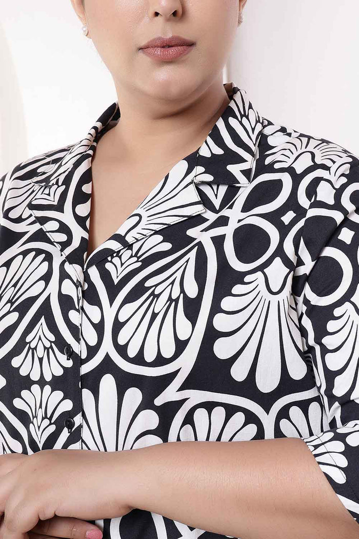 Plus Size Black & White Floral Print Cuban Collar Cotton Shirt