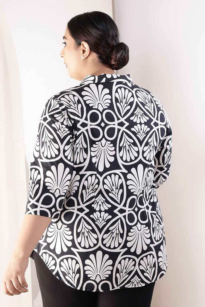 Plus Size Black & White Floral Print Cuban Collar Cotton Shirt