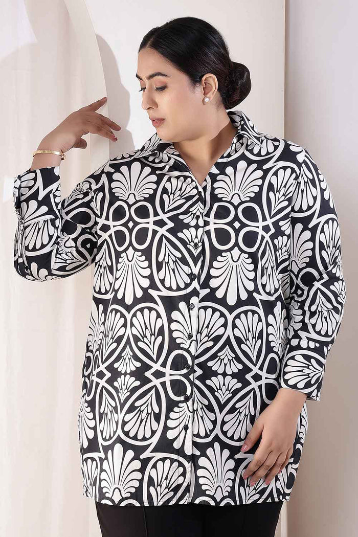 Plus Size Black & White Floral Print High Slit Styled Cuff Cotton Shirt