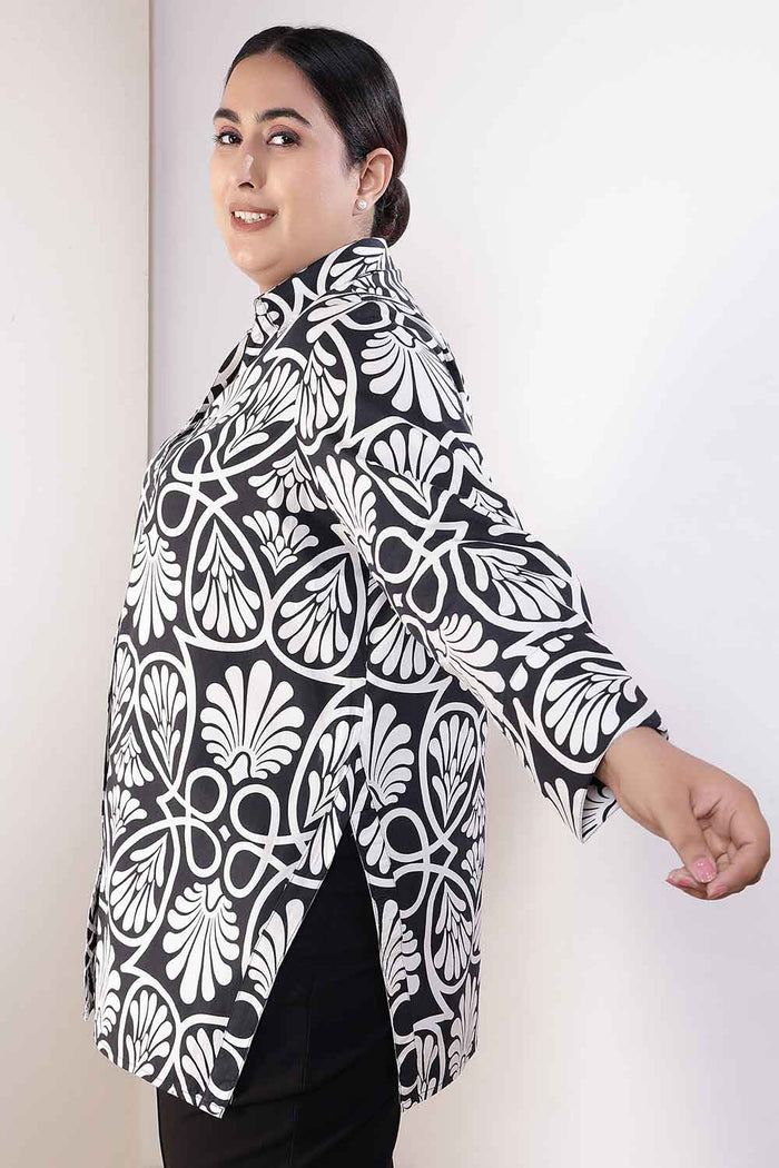 Plus Size Black & White Floral Print High Slit Styled Cuff Cotton Shirt