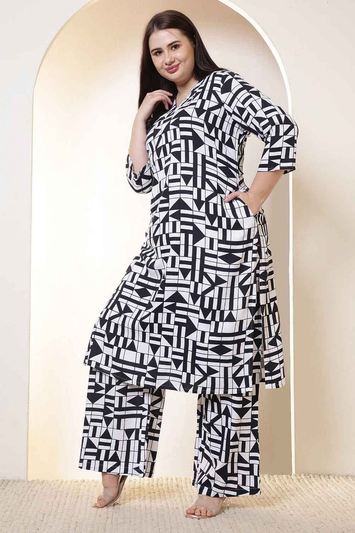 Plus Size Black & White Geometric Print Cotton Kurta Coord Set