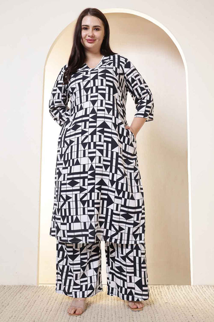 Plus Size Black & White Geometric Print Cotton Kurta Coord Set