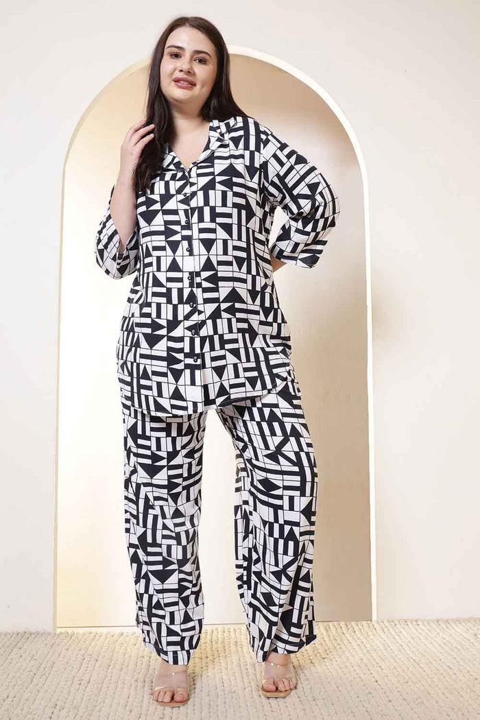 Plus Size Black & White Geometric Print Cotton Shirt Coord Set