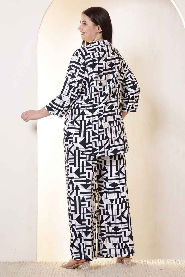 Plus Size Black & White Geometric Print Cotton Shirt Coord Set