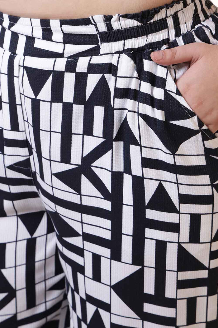Plus Size Black & White Geometric Print Cotton Shirt Coord Set