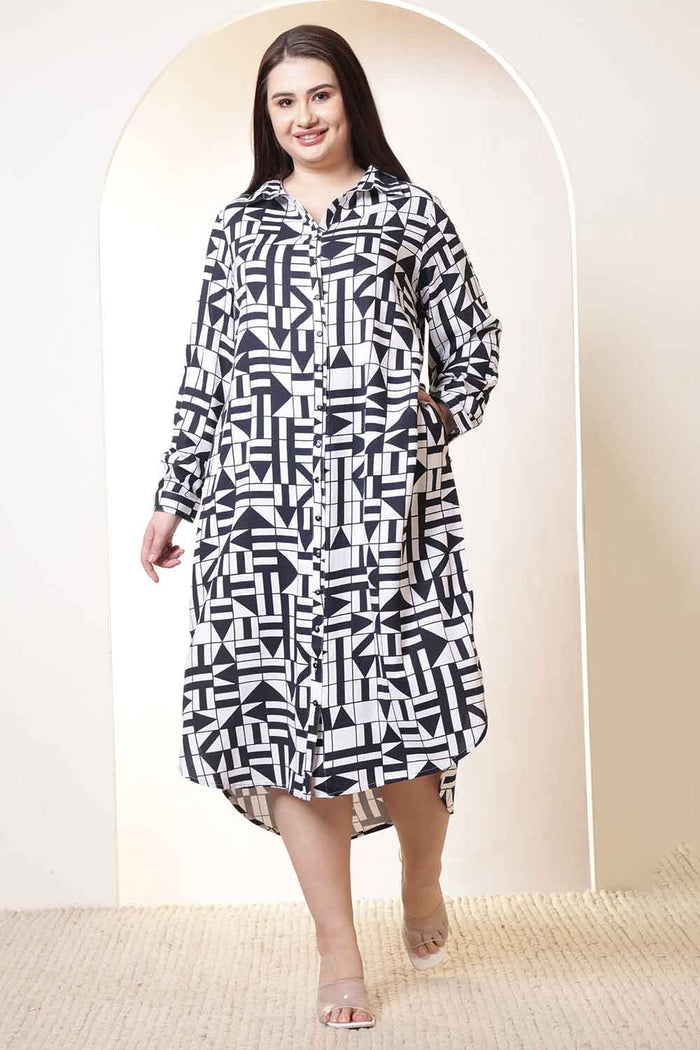 Plus Size Black & White Geometric Print Cotton Shirt Dress