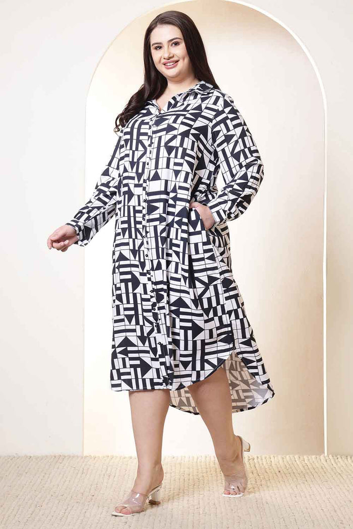 Plus Size Black & White Geometric Print Cotton Shirt Dress