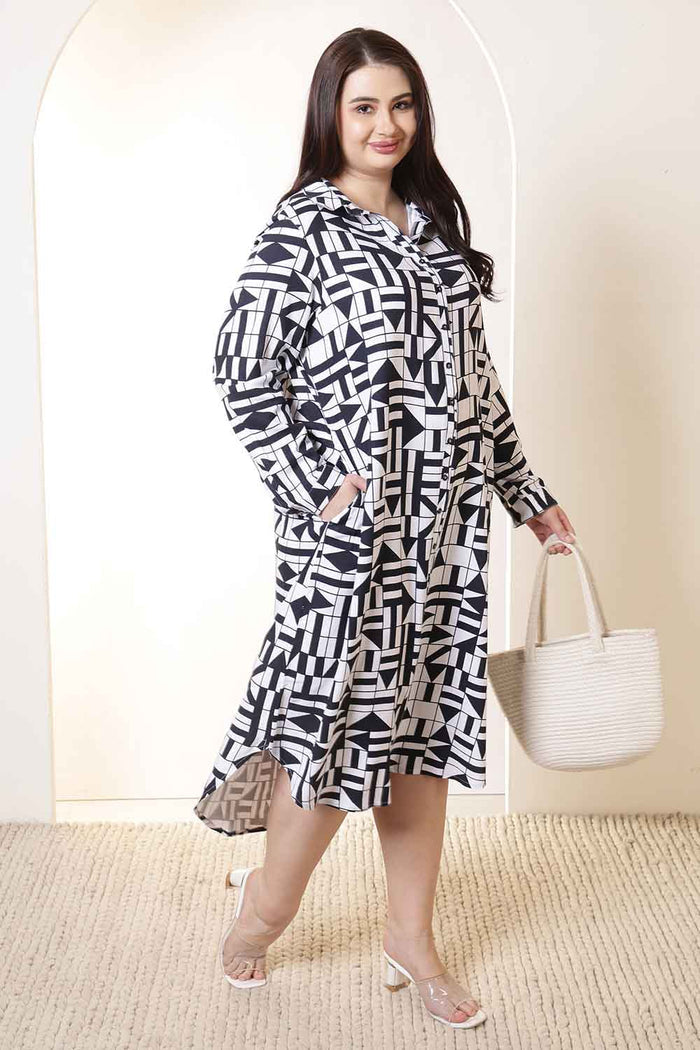 Plus Size Black & White Geometric Print Cotton Shirt Dress