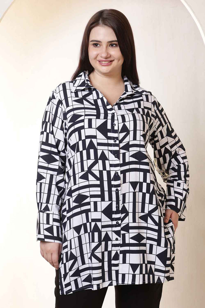 Plus Size Black & White Geometric Print High Slit Styled Cuff Cotton Shirt