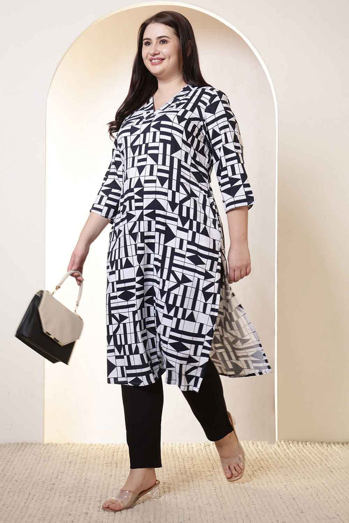 Plus Size Black & White Geometric Print V Neck Kurta