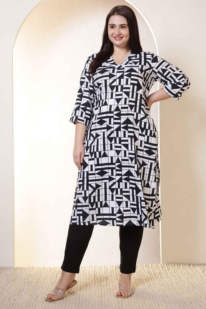 Plus Size Black & White Geometric Print V Neck Kurta