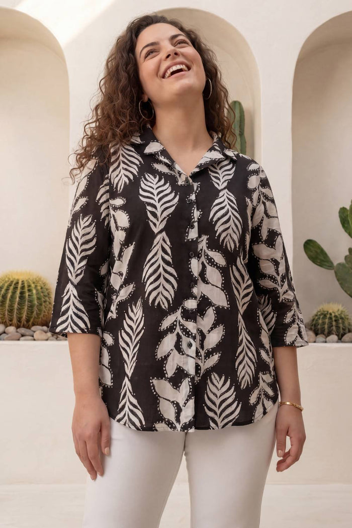 Plus Size Black White Leaf Print Cuban Collar Rayon Shirt