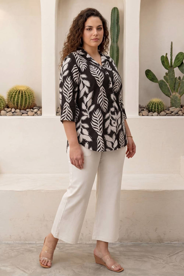 Plus Size Black White Leaf Print Cuban Collar Rayon Shirt
