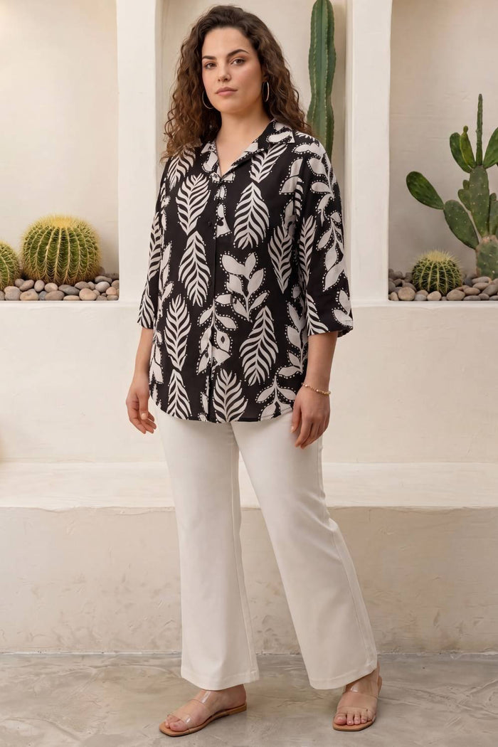 Plus Size Black White Leaf Print Cuban Collar Rayon Shirt