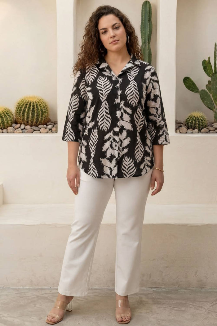 Plus Size Black White Leaf Print Cuban Collar Rayon Shirt