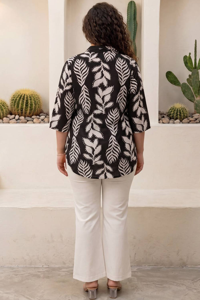 Plus Size Black White Leaf Print Cuban Collar Rayon Shirt