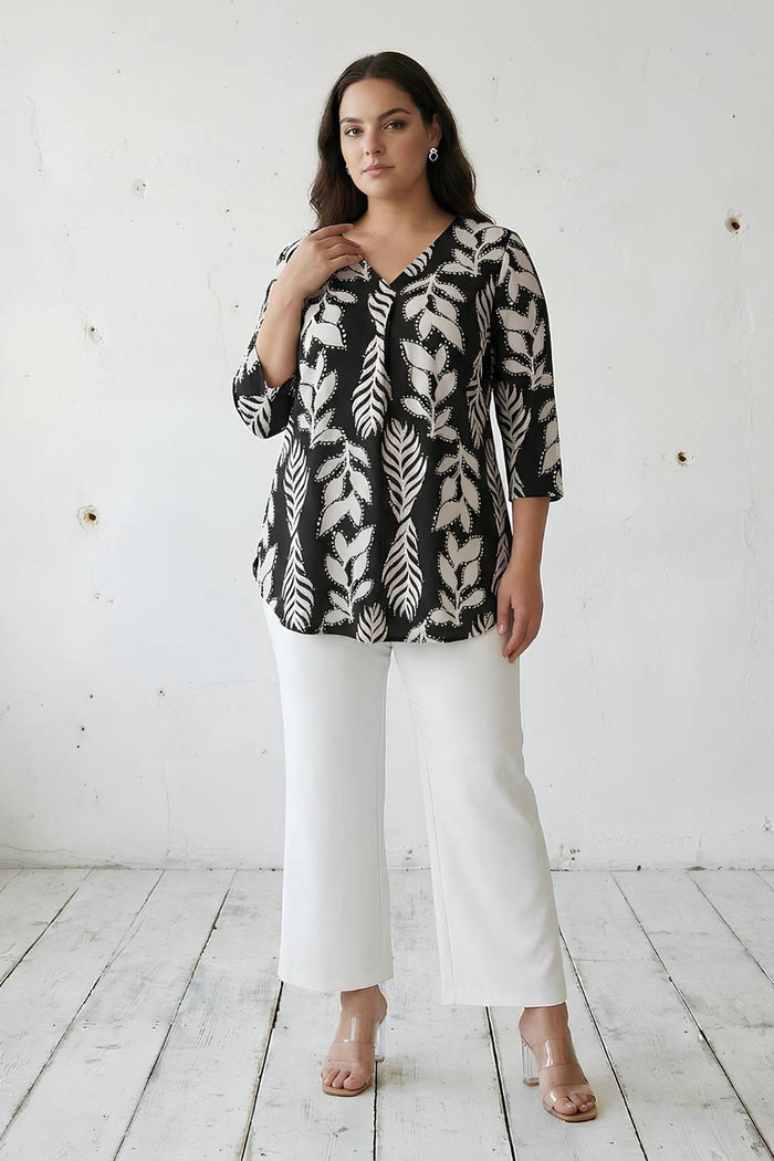 Plus Size Black White Leaf Print V Neck  Top