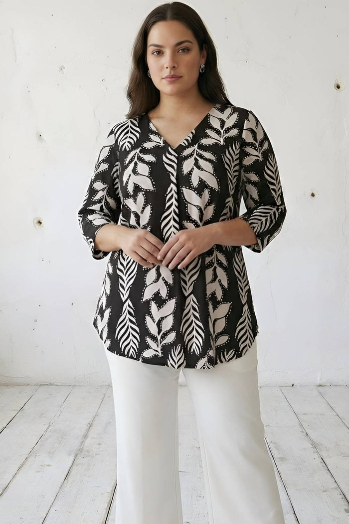 Plus Size Black White Leaf Print V Neck  Top