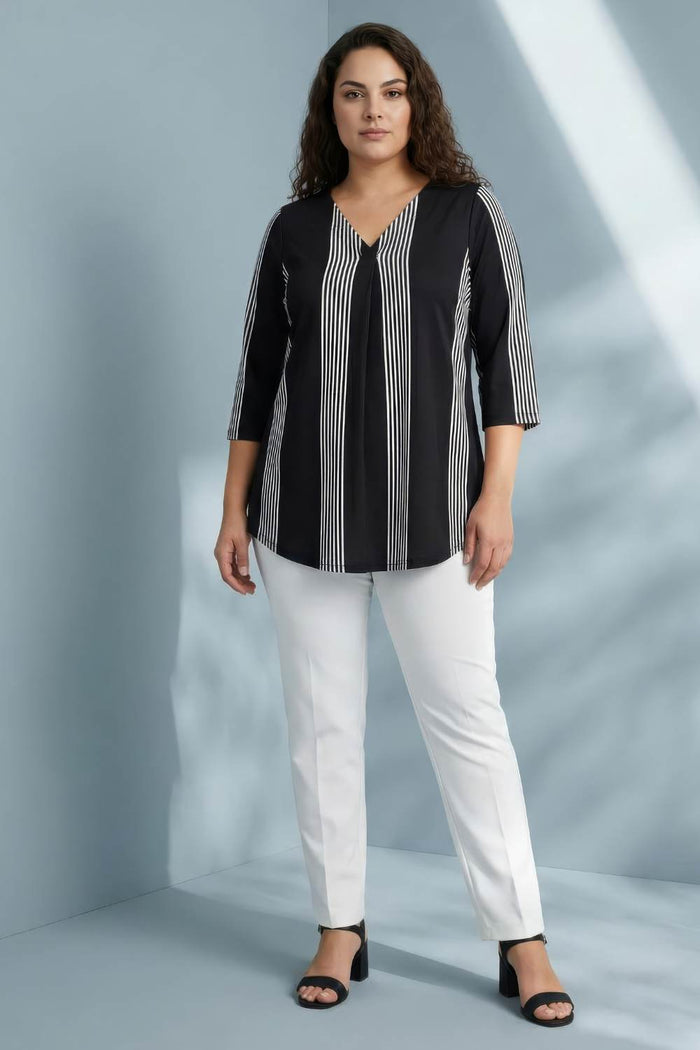 Plus Size Black White Striped Centre Pleat Top