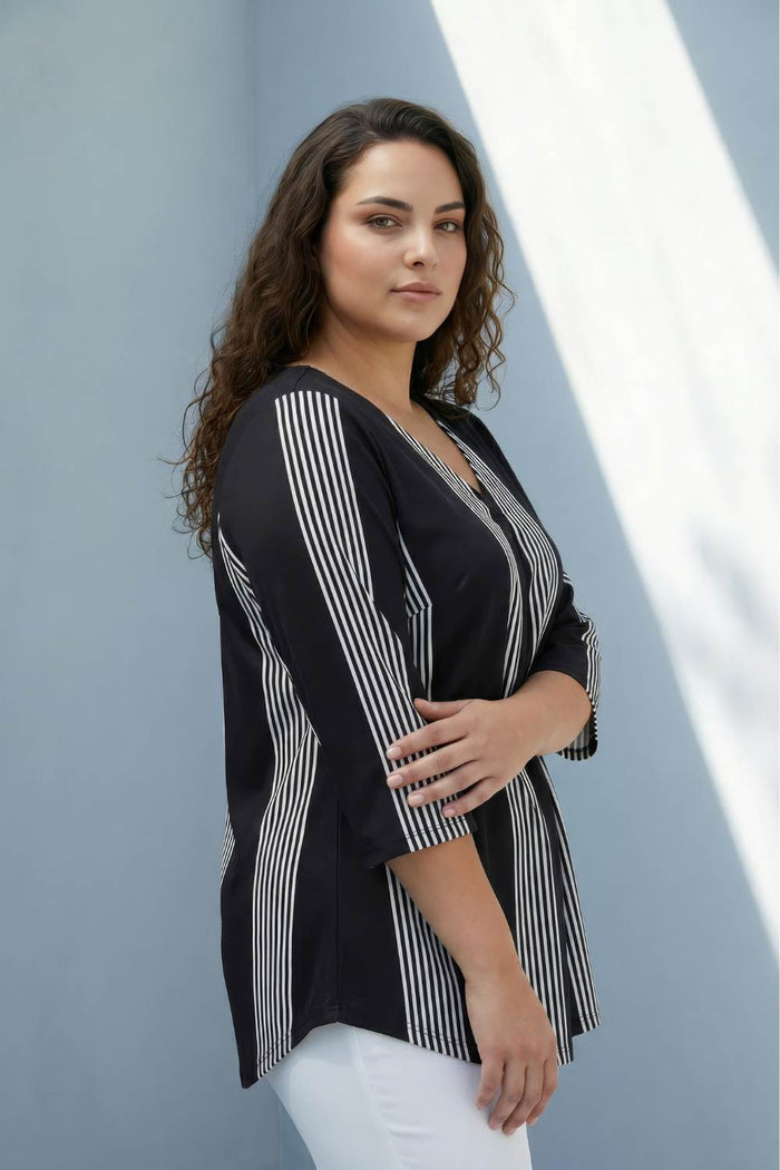 Plus Size Black White Striped Centre Pleat Top