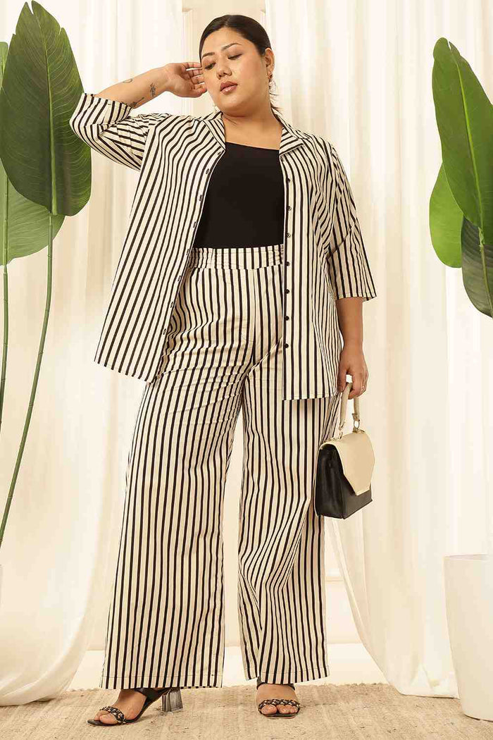 Plus Size Black & White Striped Cotton Shirt Coord Set