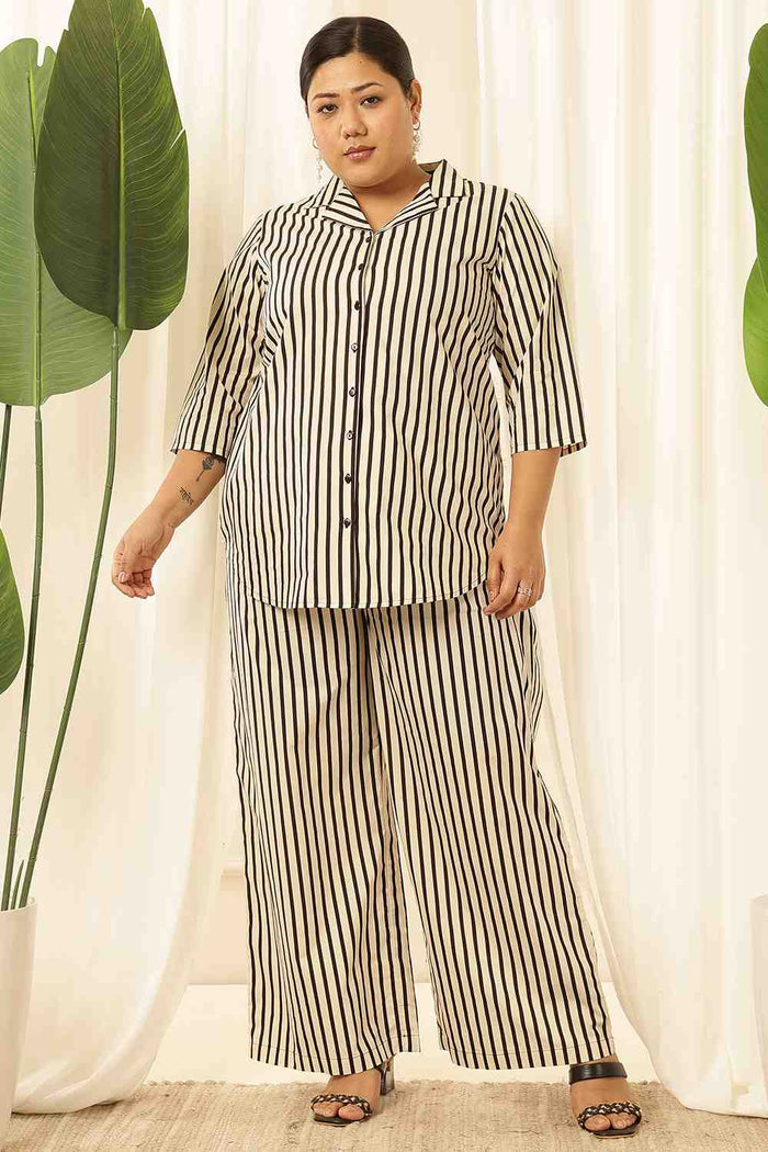 Plus Size Black & White Striped Cotton Shirt Coord Set