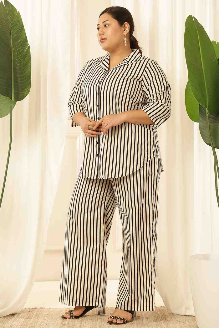 Plus Size Black & White Striped Cotton Shirt Coord Set