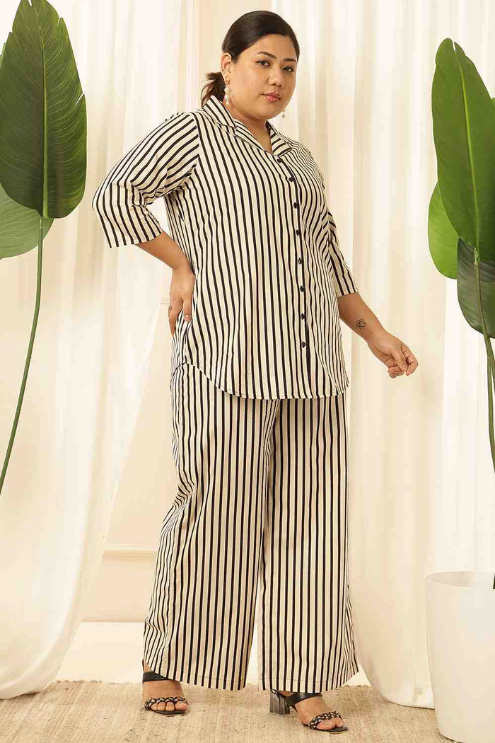 Plus Size Black & White Striped Cotton Shirt Coord Set