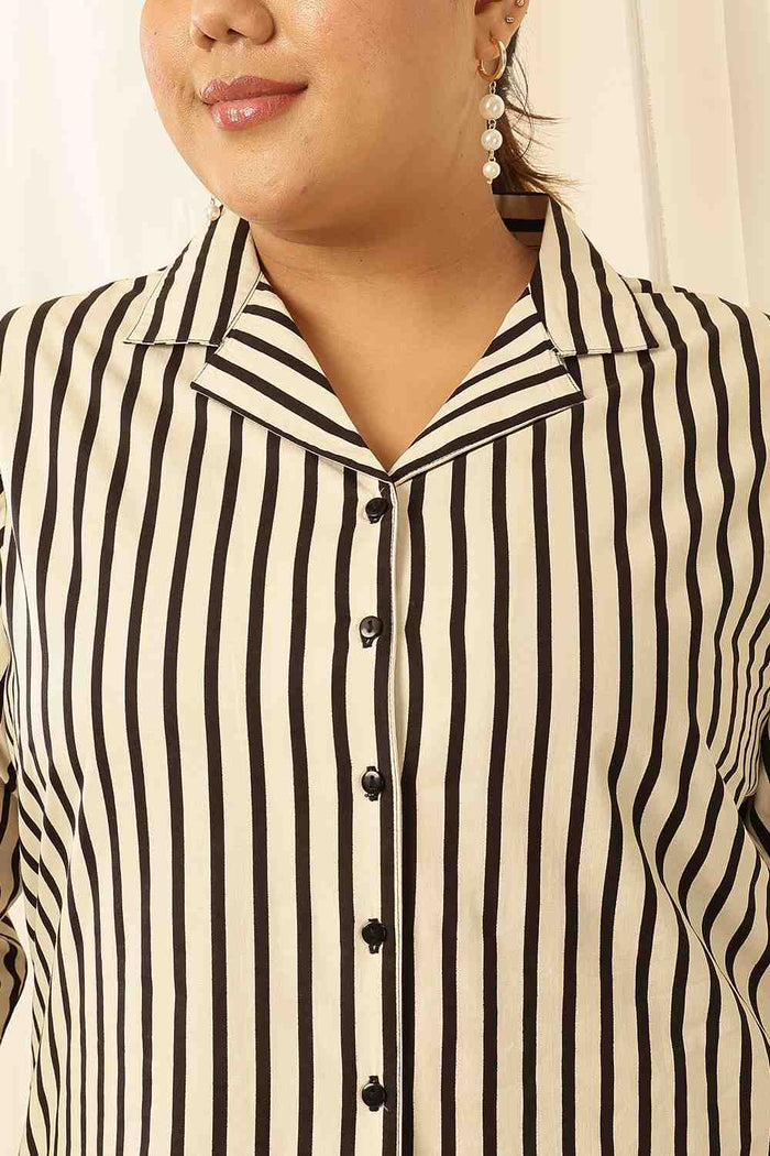 Plus Size Black & White Striped Cotton Shirt Coord Set