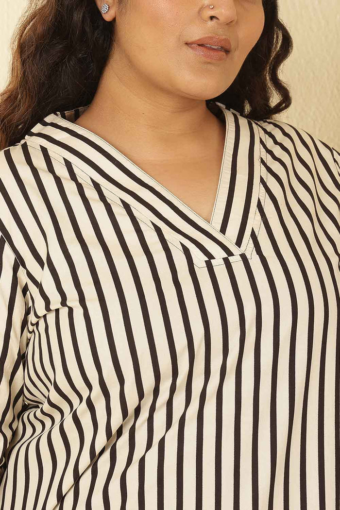 Plus Size Black & White Striped Cotton V Neck Kurta